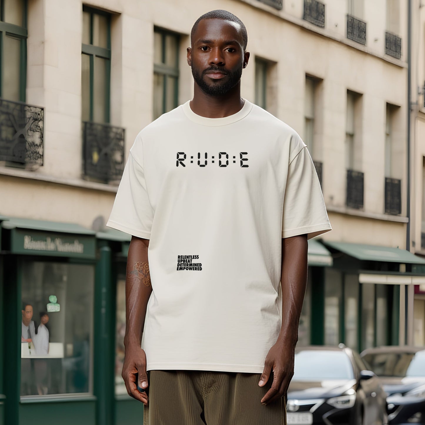 Oversized faded T-shirt in 4 colours with printed logo and meaning to front and logo on back. 100% carded cotton. 240 gsm