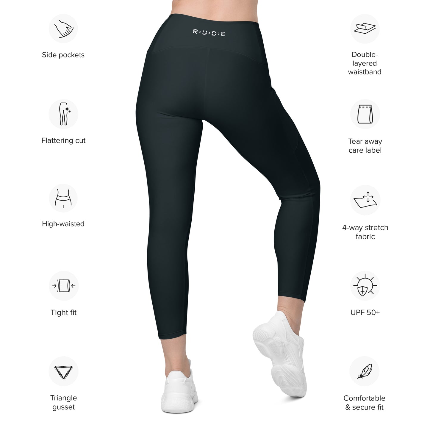 Active Leggings in (Black) with pockets -'Recycled' Soft and stretchy fabric with a mild compression feel.