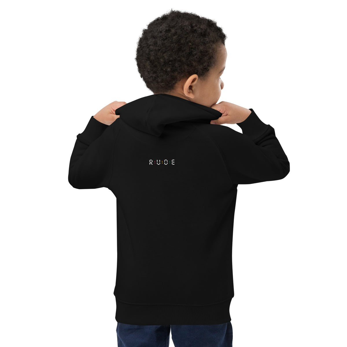 Black Rude kids’ eco hoodie showing the back and fit.