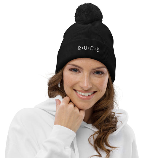 Unisex Pom-Pom Beanie Black Embroidered Logo – Rude Attire Winter Headwear