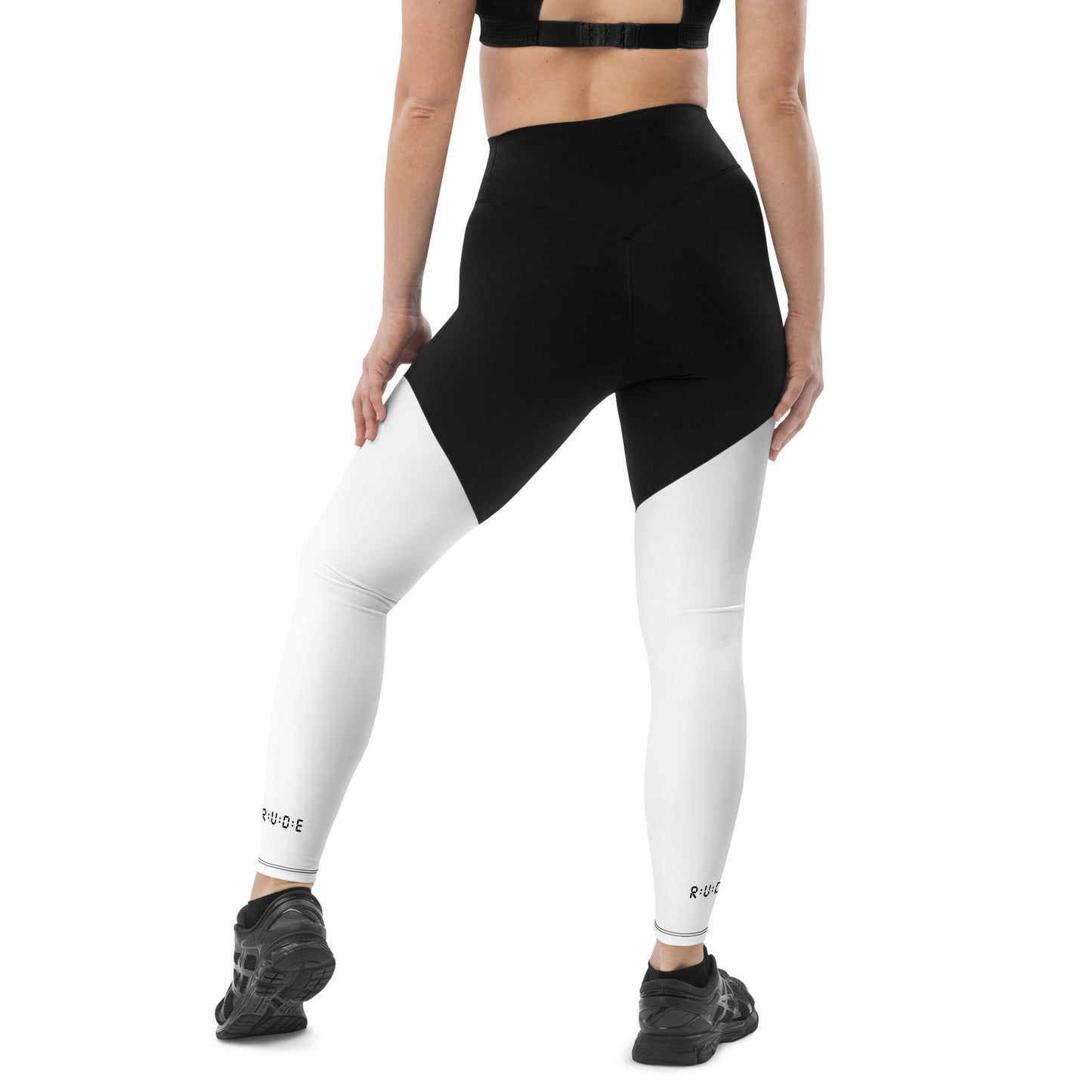 Sports Leggings in White/Black with printed logo on ankles. Essential phone pocket (a perfect match with our Longline sports bra).