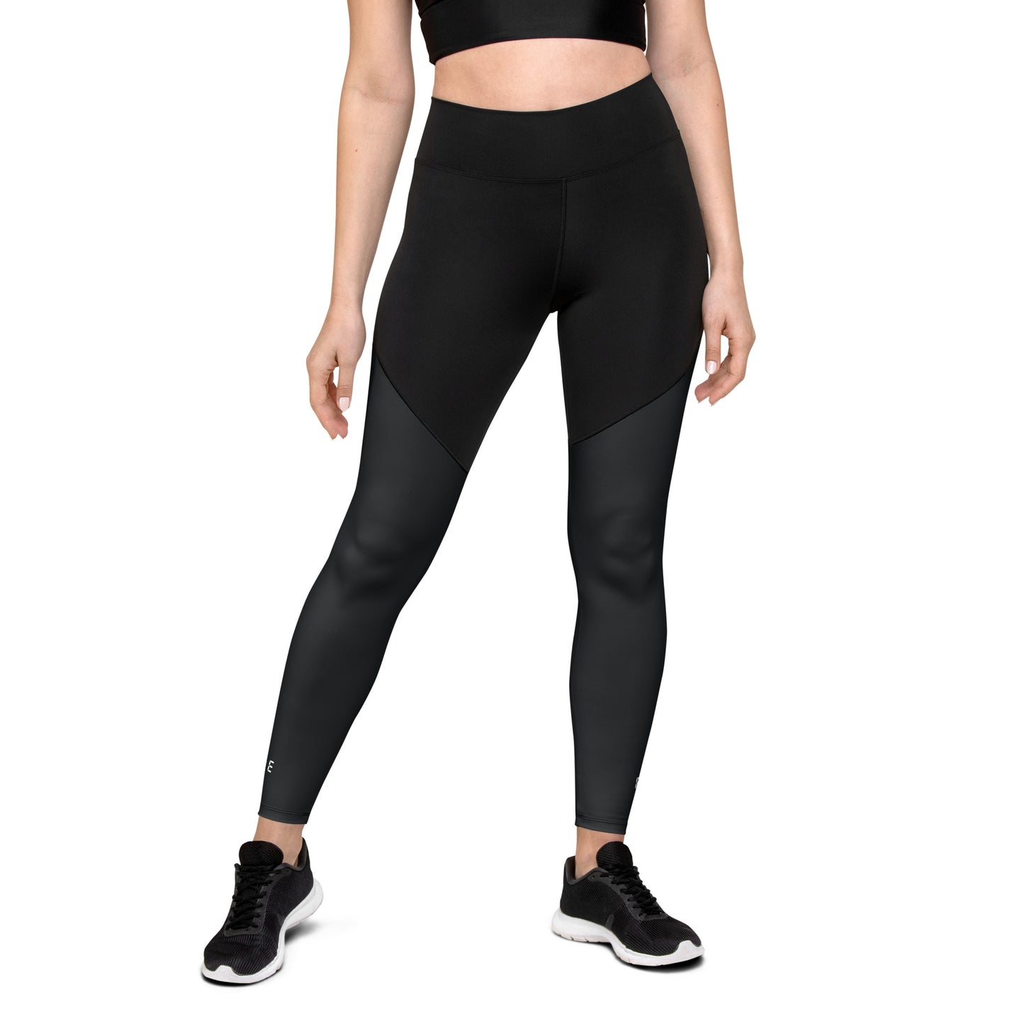 Sports Leggings in Black with with printed logo on ankles. None see through. Essential phone pocket (a perfect match with our Longline sports bra).