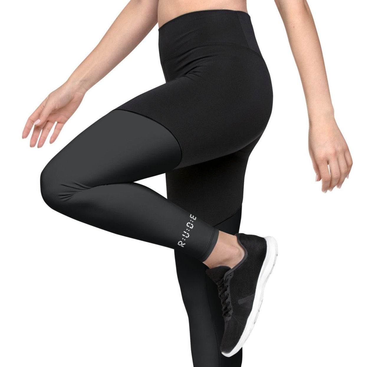 Sports Leggings in Black with with printed logo on ankles. None see through. Essential phone pocket (a perfect match with our Longline sports bra).