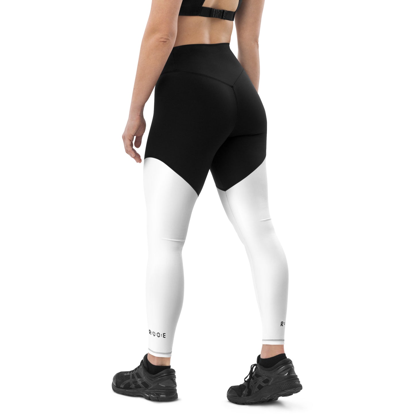 Sports Leggings in White/Black with printed logo on ankles. Essential phone pocket (a perfect match with our Longline sports bra).