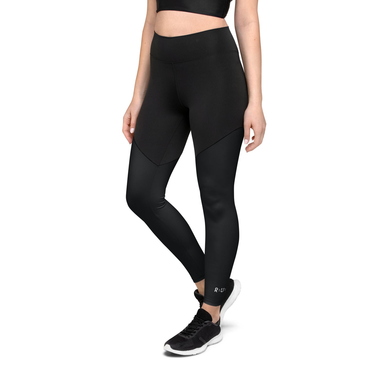 Sports Leggings in Black with with printed logo on ankles. None see through. Essential phone pocket (a perfect match with our Longline sports bra).