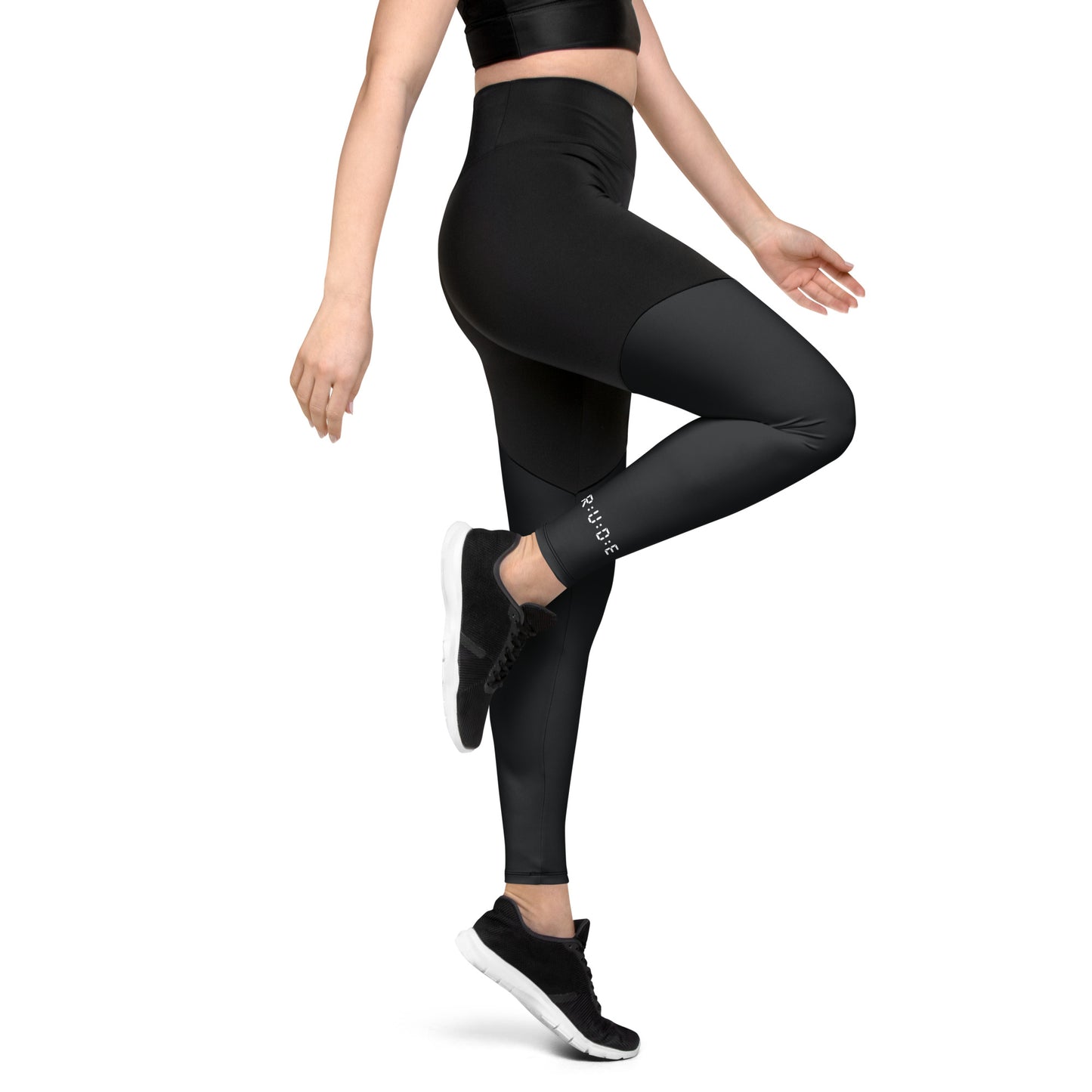 Sports Leggings in Black with with printed logo on ankles. None see through. Essential phone pocket (a perfect match with our Longline sports bra).