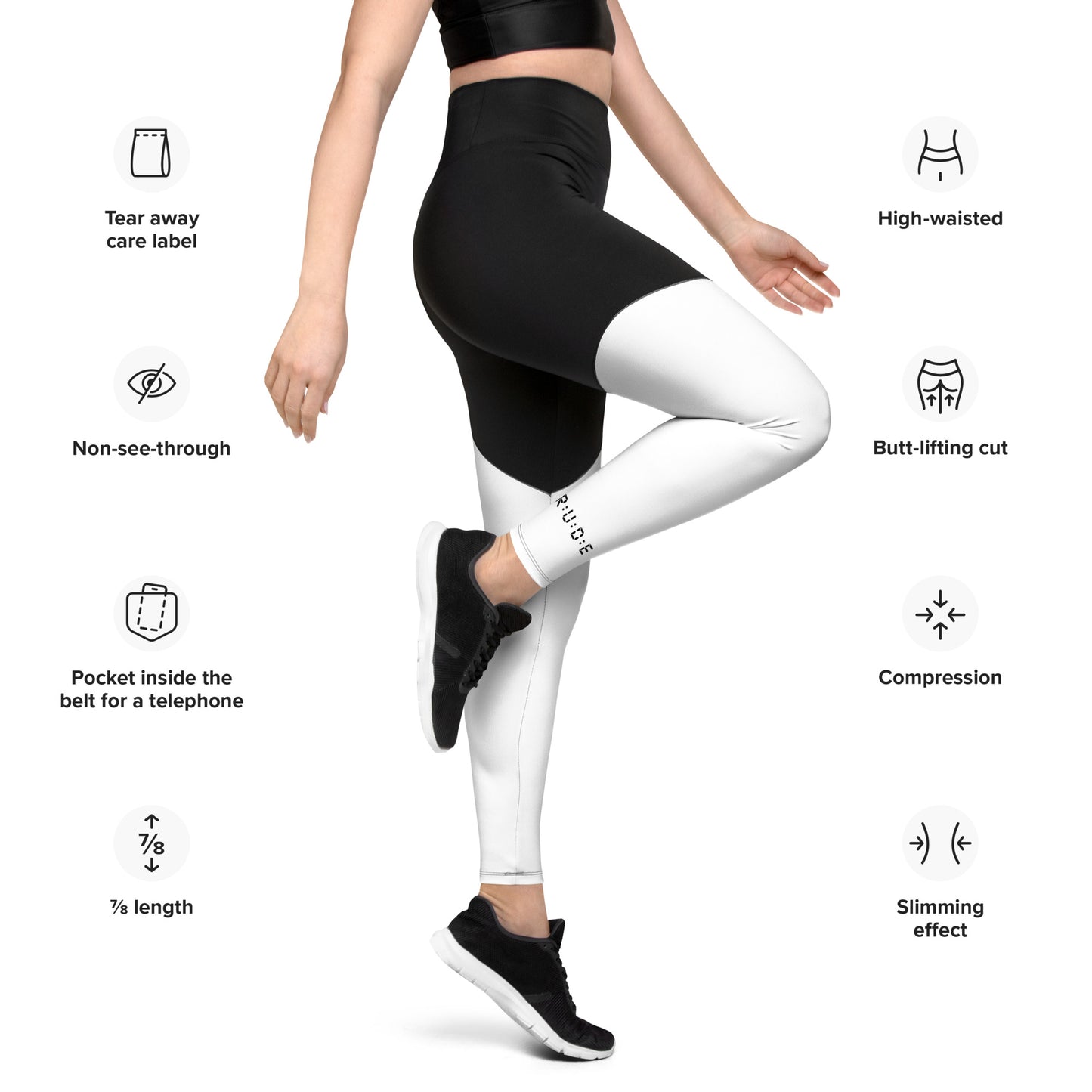Sports Leggings in White/Black with printed logo on ankles. Essential phone pocket (a perfect match with our Longline sports bra).