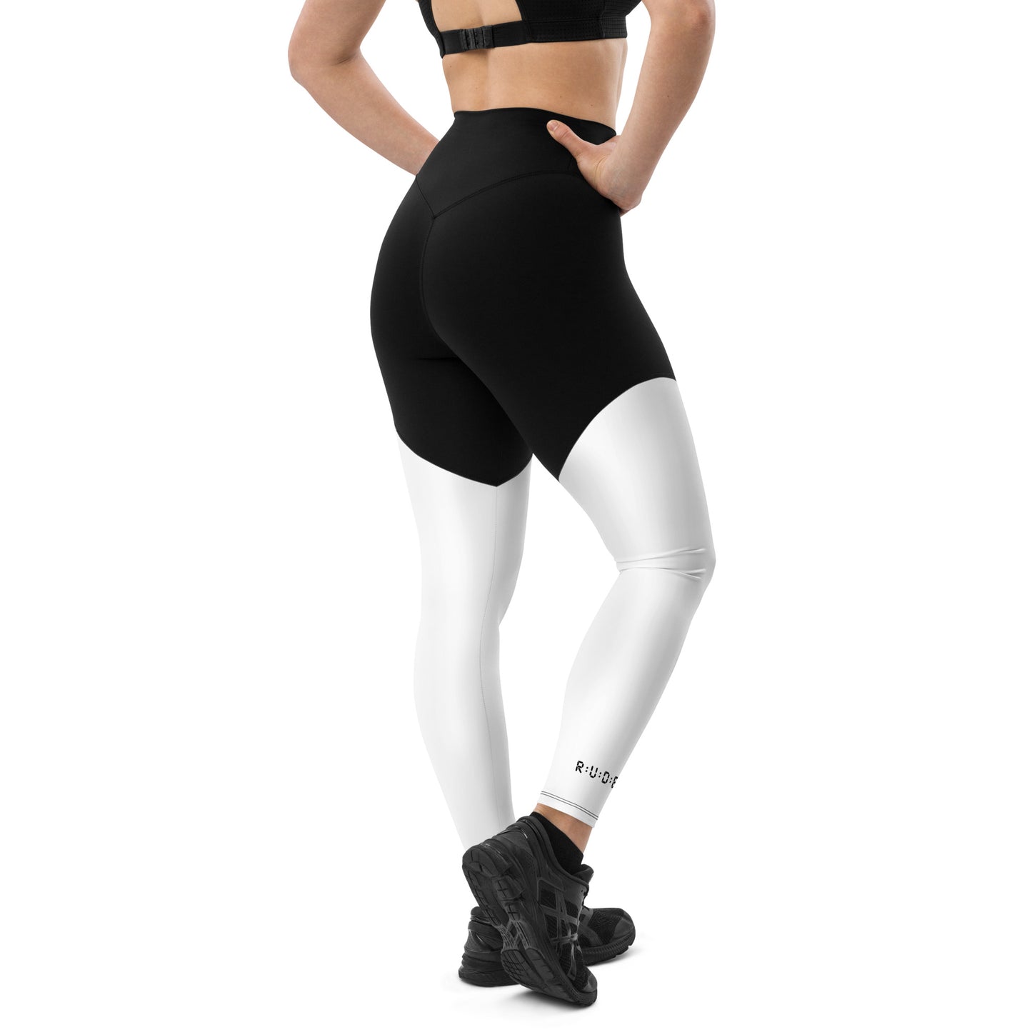 Sports Leggings in White/Black with printed logo on ankles. Essential phone pocket (a perfect match with our Longline sports bra).