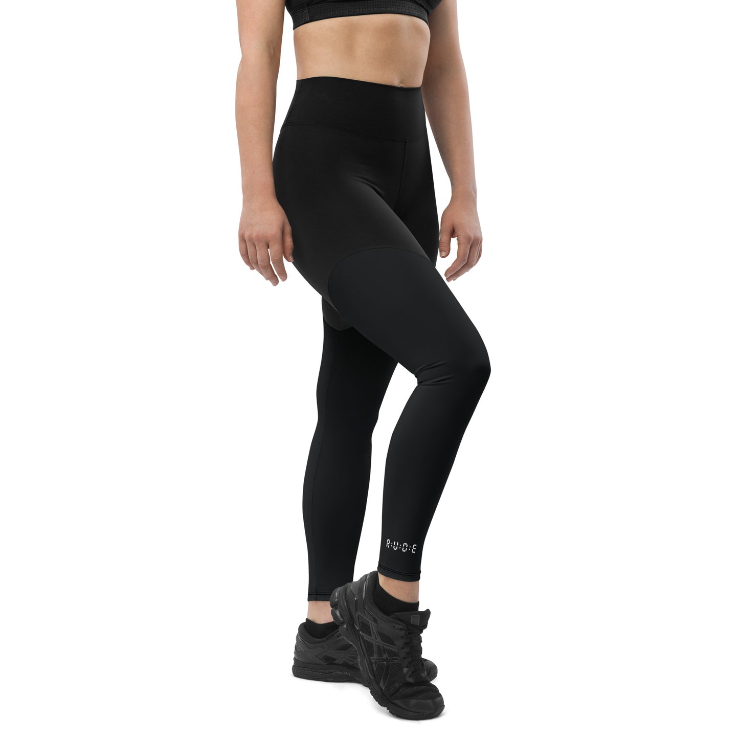 Sports Leggings in Black with with printed logo on ankles. None see through. Essential phone pocket (a perfect match with our Longline sports bra).