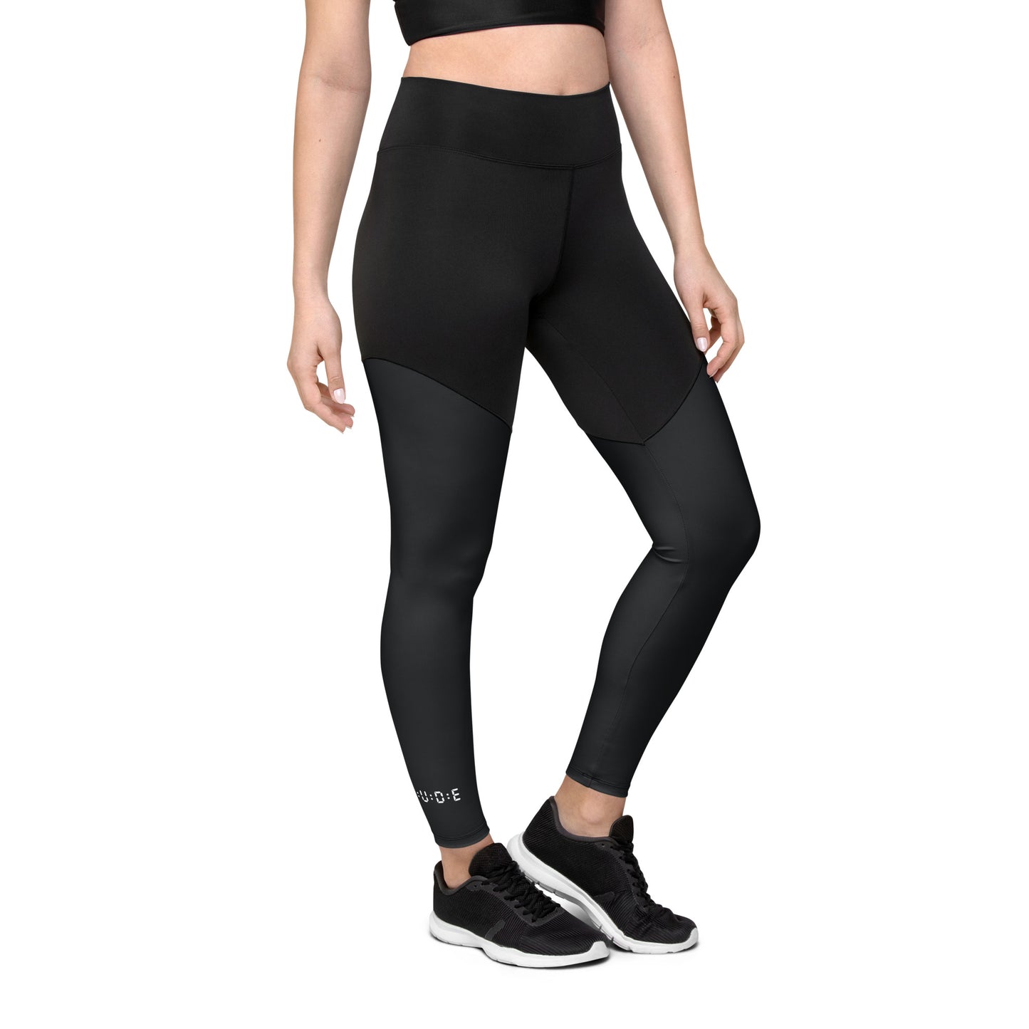 Sports Leggings in Black with with printed logo on ankles. None see through. Essential phone pocket (a perfect match with our Longline sports bra).