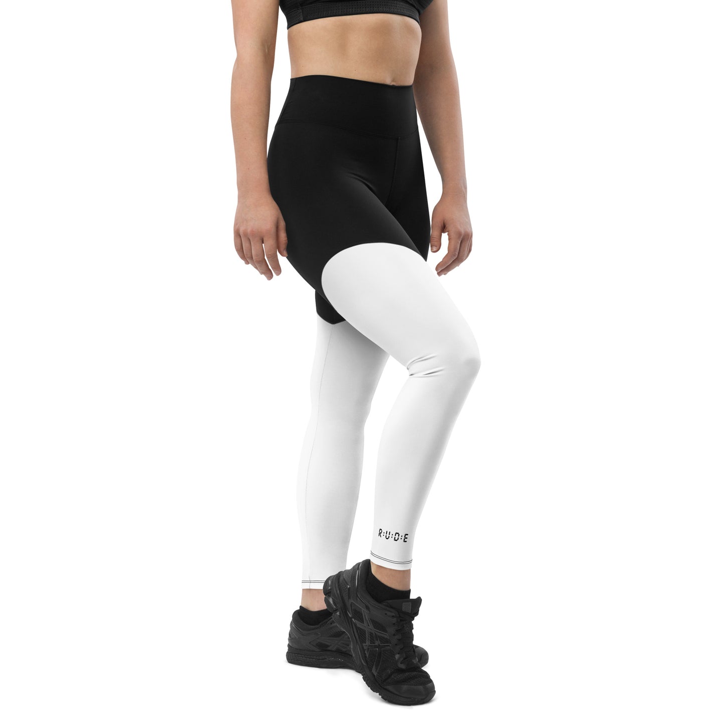 Sports Leggings in White/Black with printed logo on ankles. Essential phone pocket (a perfect match with our Longline sports bra).