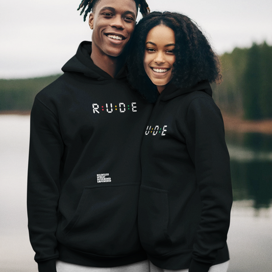 350gsm luxury eco hoodie in Black (with PRINTED logo detailed with Red, Gold and Green to front and back, with Rude's meaning above pocket).