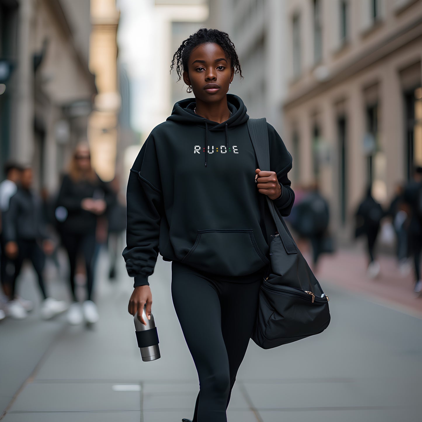 350gsm luxury eco hoodie in Black (with PRINTED logo detailed with Red, Gold and Green to front and back, with Rude's meaning above pocket).