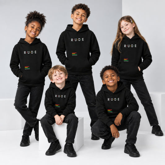 Five children modeling black Rude kids’ eco hoodies in a studio