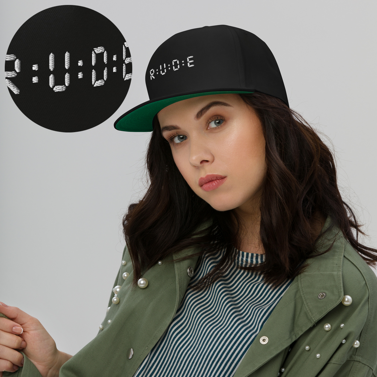 Flat Bill Cap, one size (with WHITE EMBROIDERED logo detail) available in 3 colours.