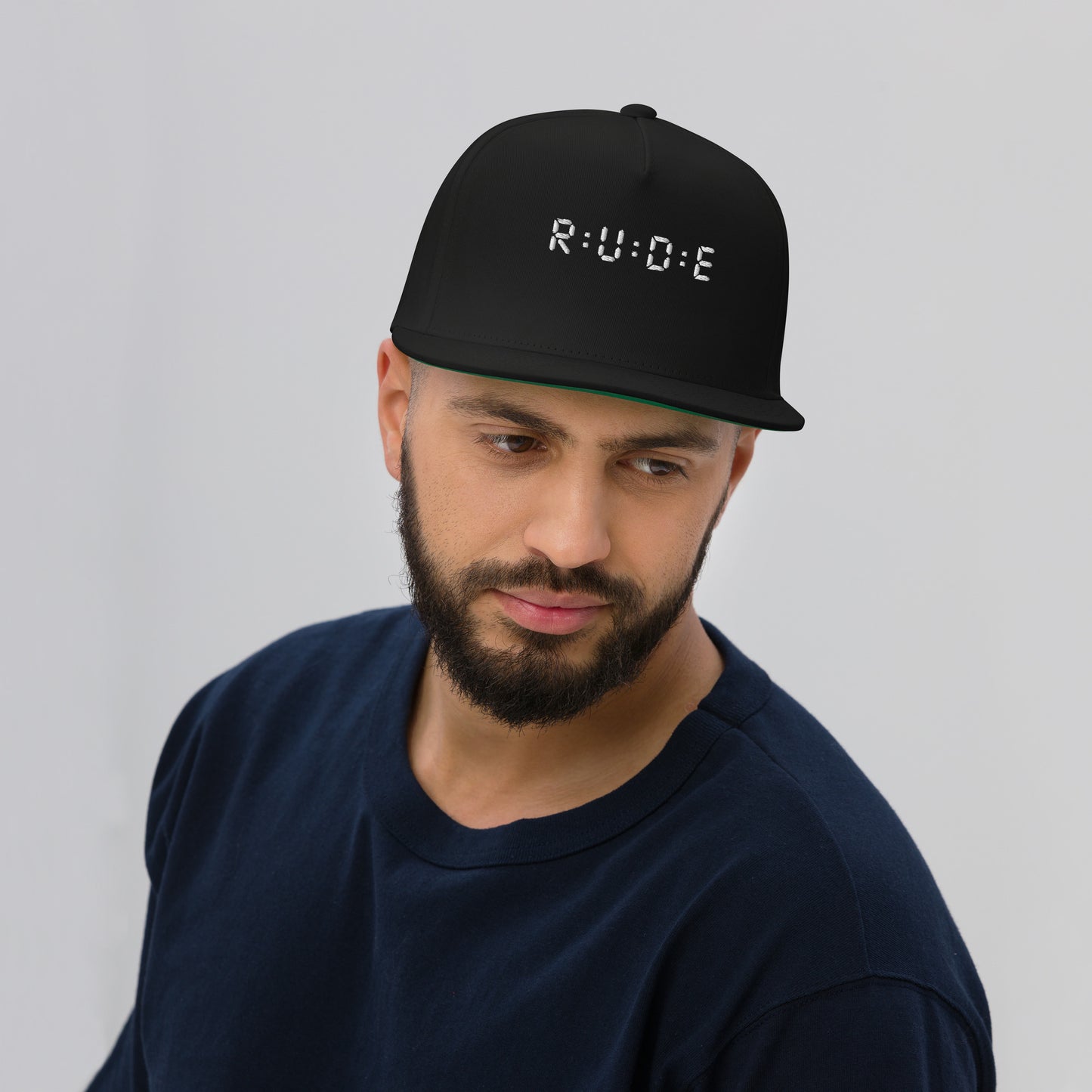 Flat Bill Cap, one size (with WHITE EMBROIDERED logo detail) available in 3 colours.
