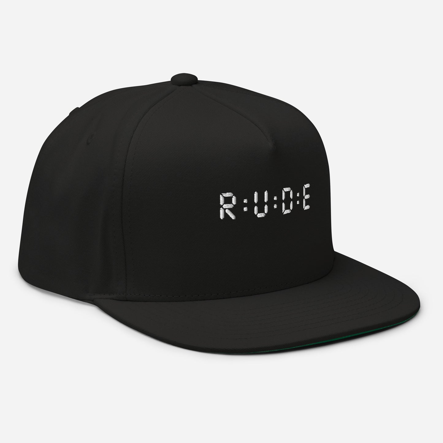 Flat Bill Cap, one size (with WHITE EMBROIDERED logo detail) available in 3 colours.