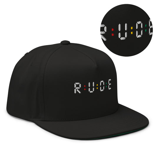 Flat Bill Cap (with EMBROIDERED – RED, GOLD & GREEN logo detail) Cap colour, Black.