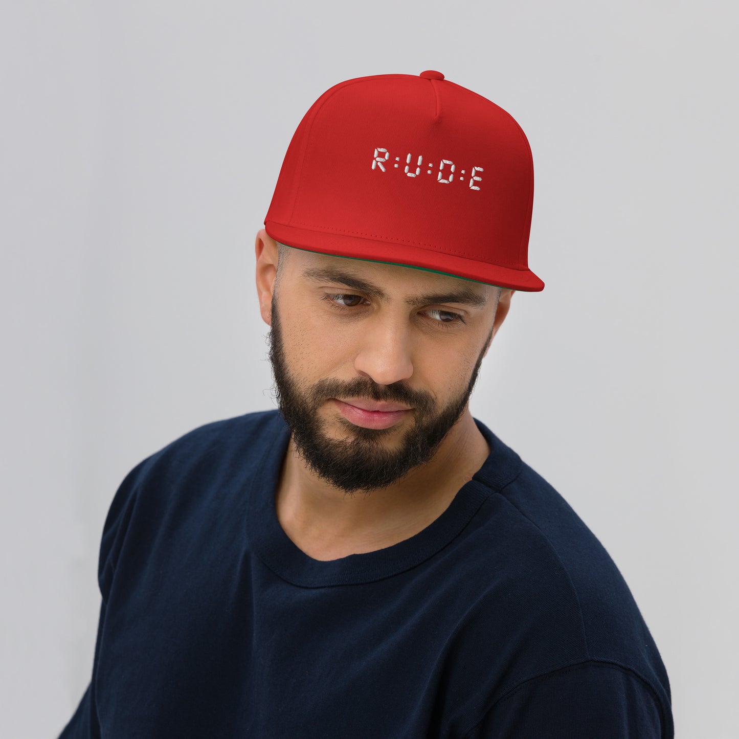 Flat Bill Cap, one size (with WHITE EMBROIDERED logo detail) available in 3 colours.