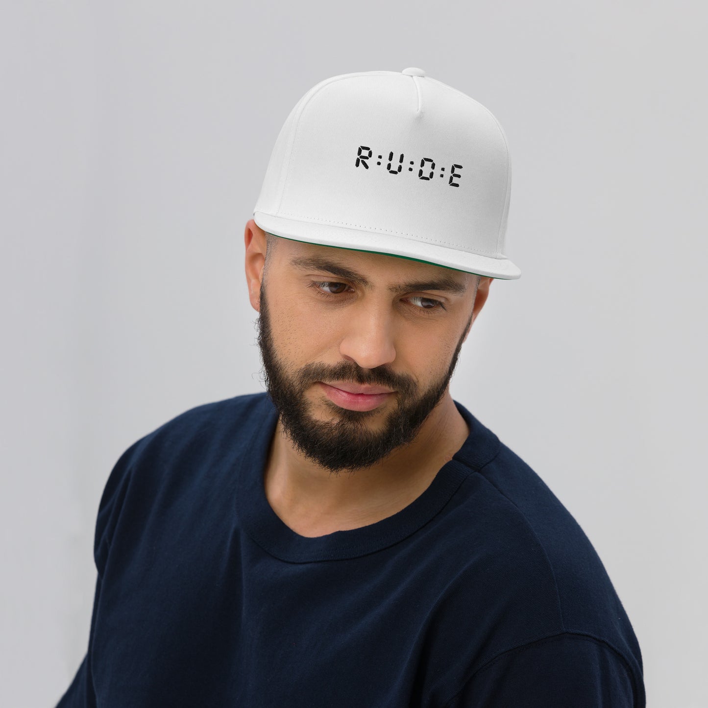 Flat Bill Cap, one size (with WHITE EMBROIDERED logo detail) available in 3 colours.