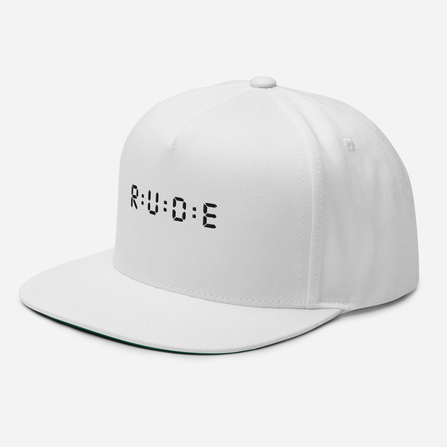 Flat Bill Cap, one size (with WHITE EMBROIDERED logo detail) available in 3 colours.
