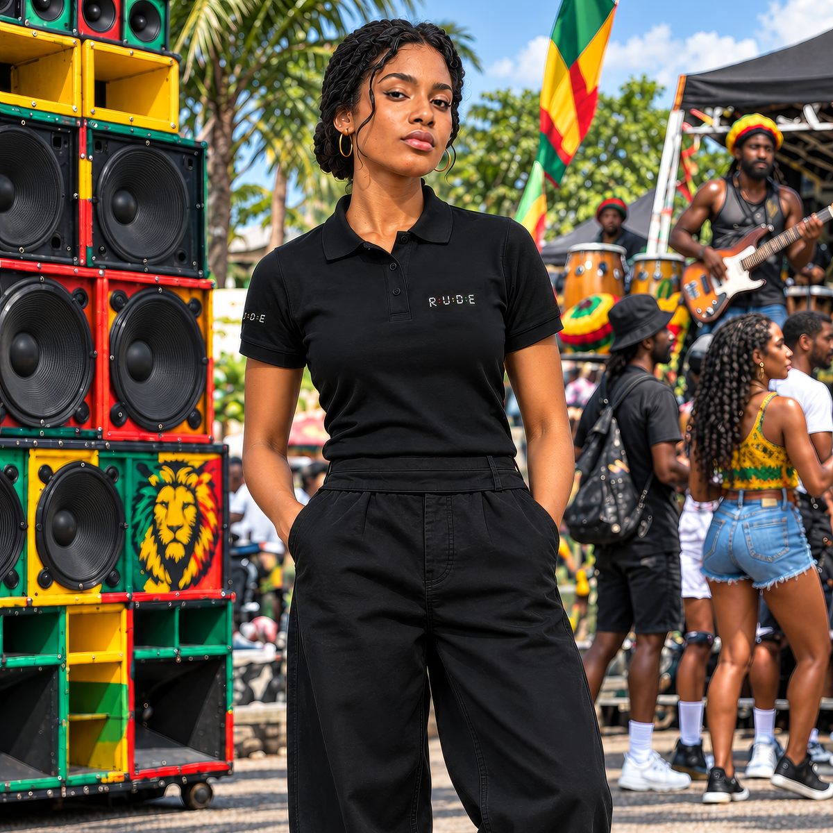 Black women’s pique polo shirt worn with baggy trousers at a street reggae festival