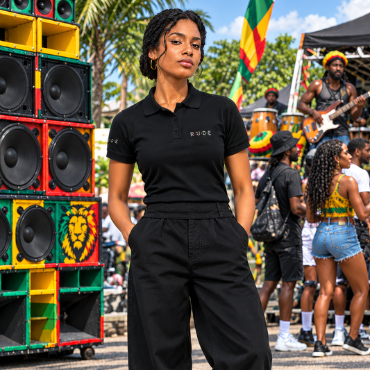 Black women’s pique polo shirt worn with baggy trousers at a street reggae festival