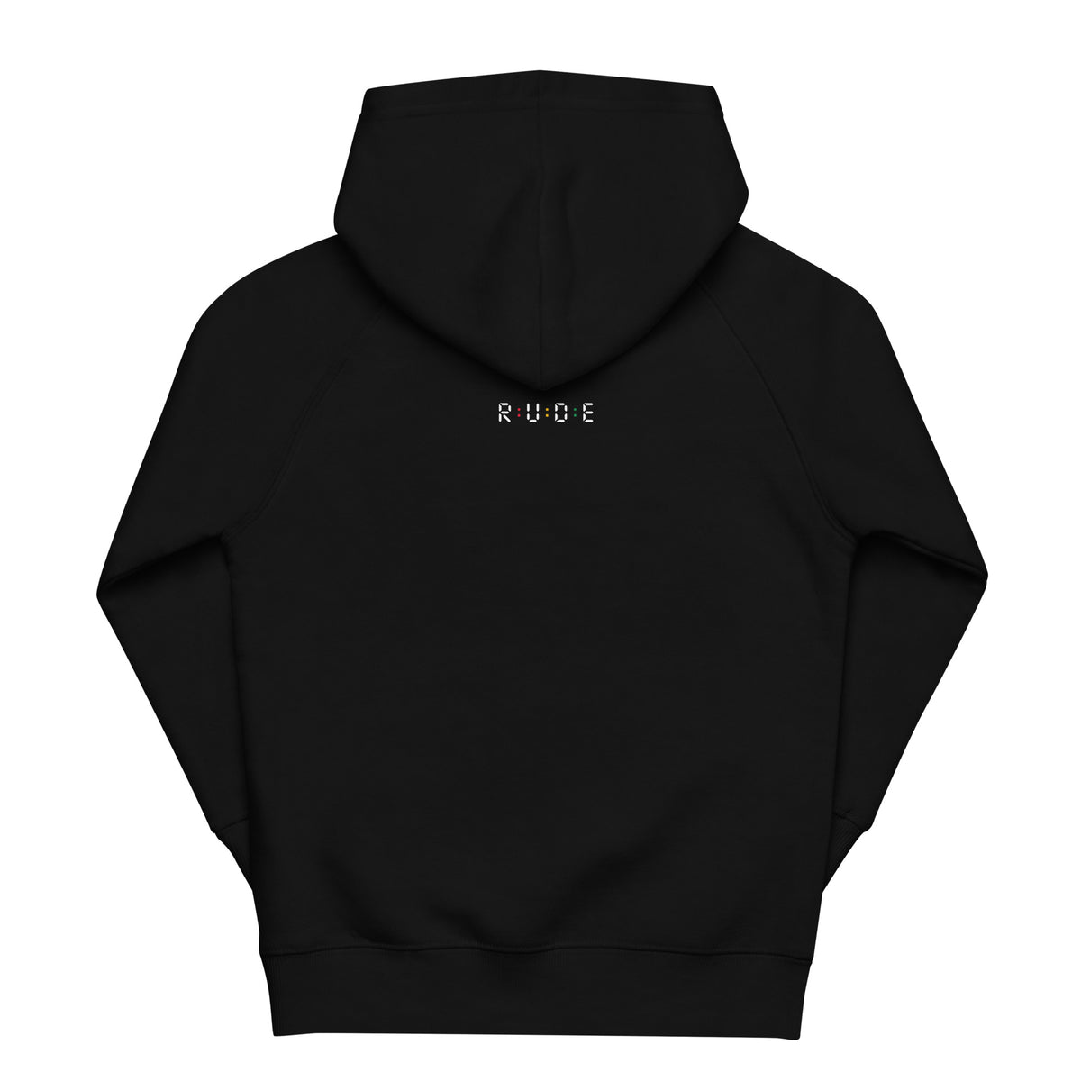 Back view of the black Rude kids’ eco hoodie