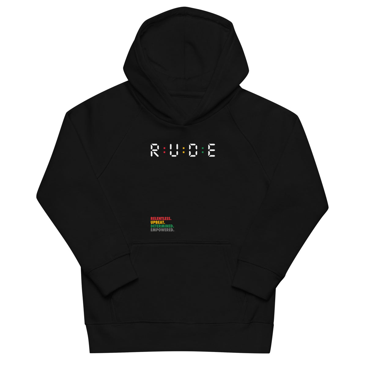 Front view of the black Rude kids’ eco hoodie.