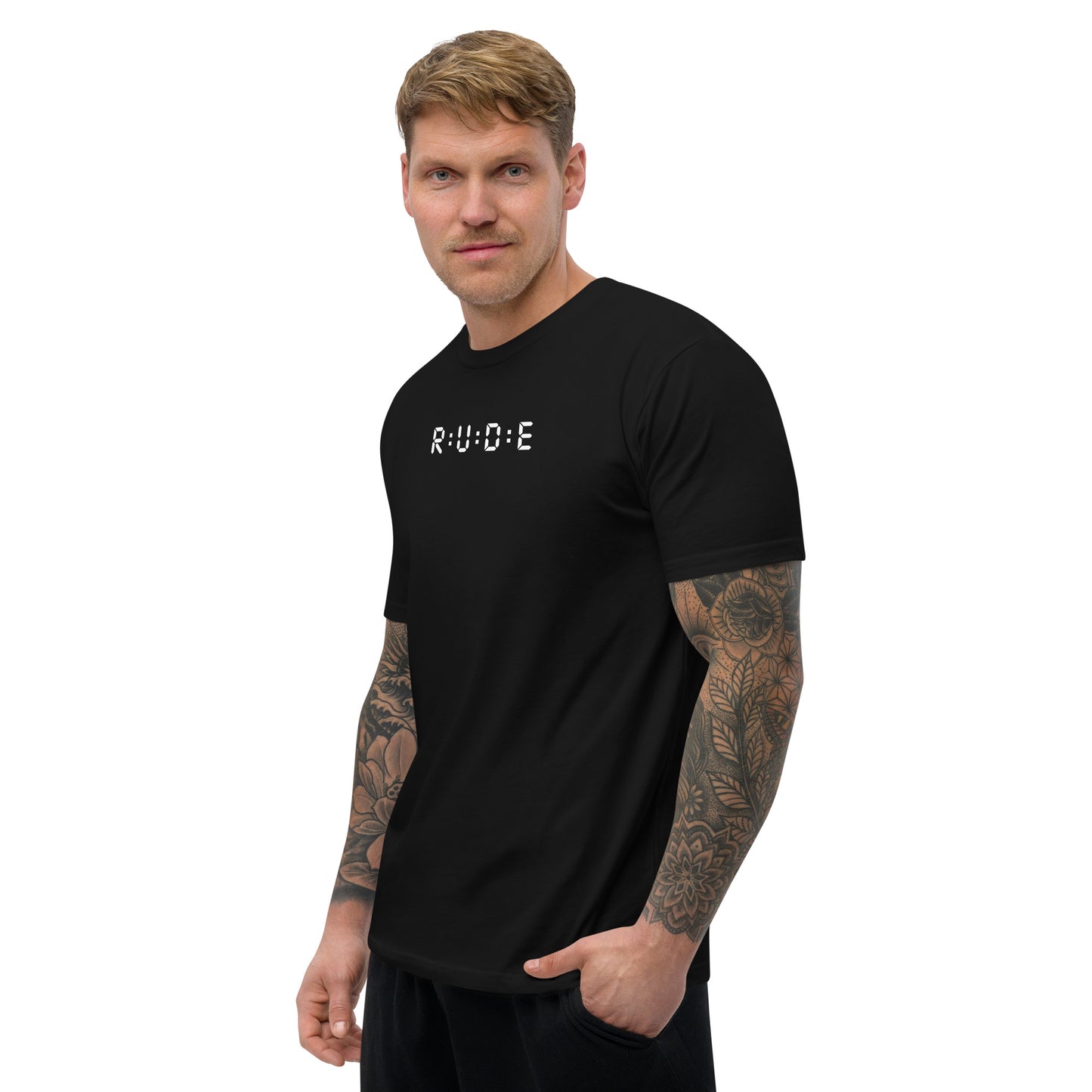 Men's Short Sleeve fitted T-shirt. 100% cotton. PRINTED logo front and back. Perfect for all occasions or for working out at the gym.