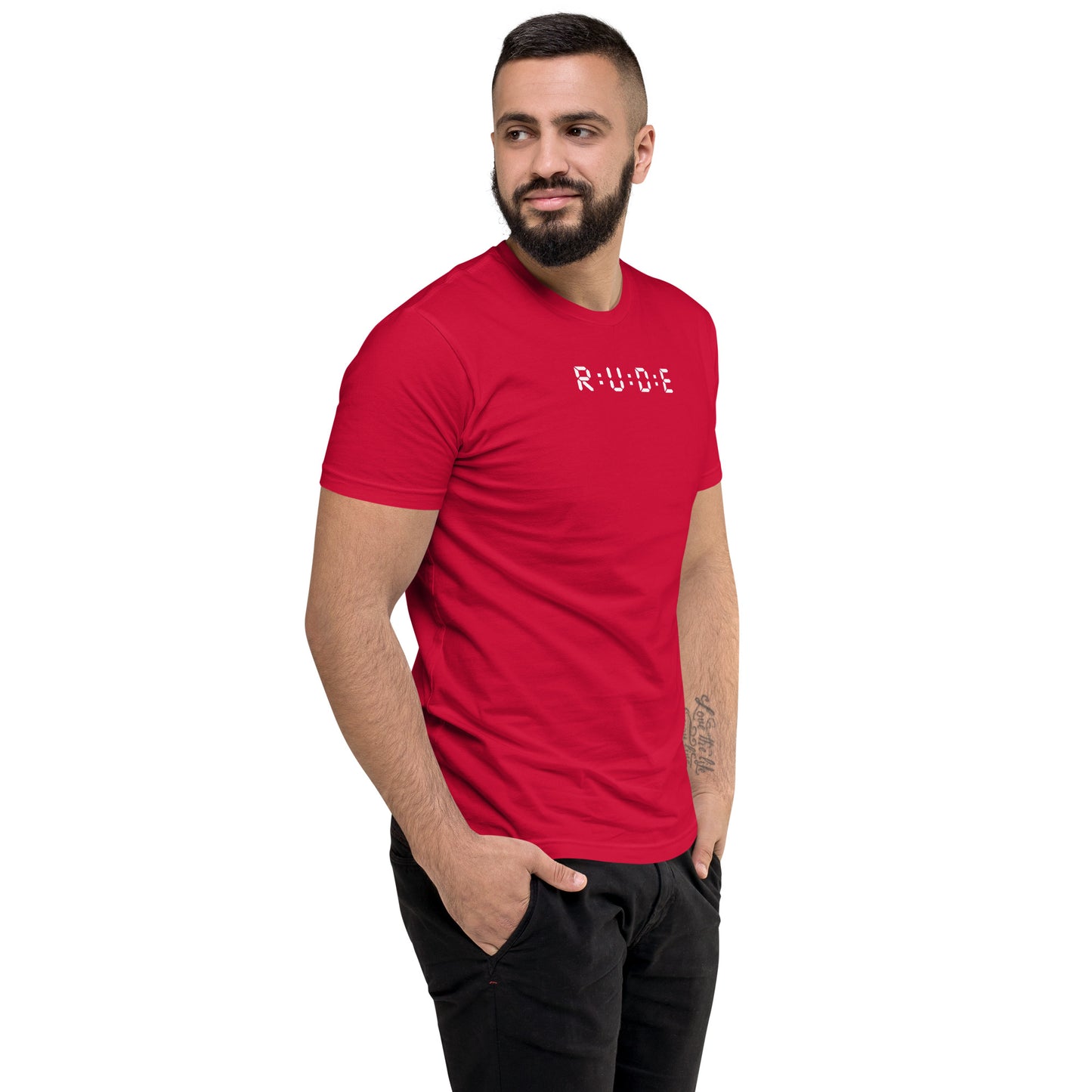 Men's Short Sleeve fitted T-shirt. 100% cotton. PRINTED logo front and back. Perfect for all occasions or for working out at the gym.