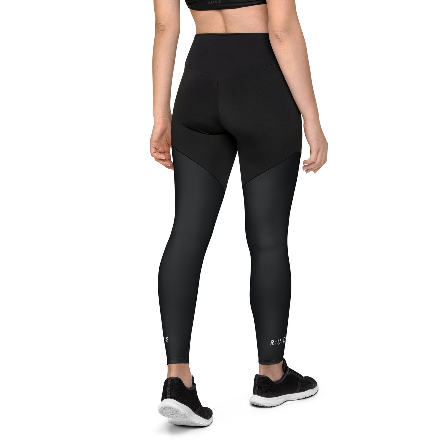 Sports Leggings in Black with with printed logo on ankles. None see through. Essential phone pocket (a perfect match with our Longline sports bra).
