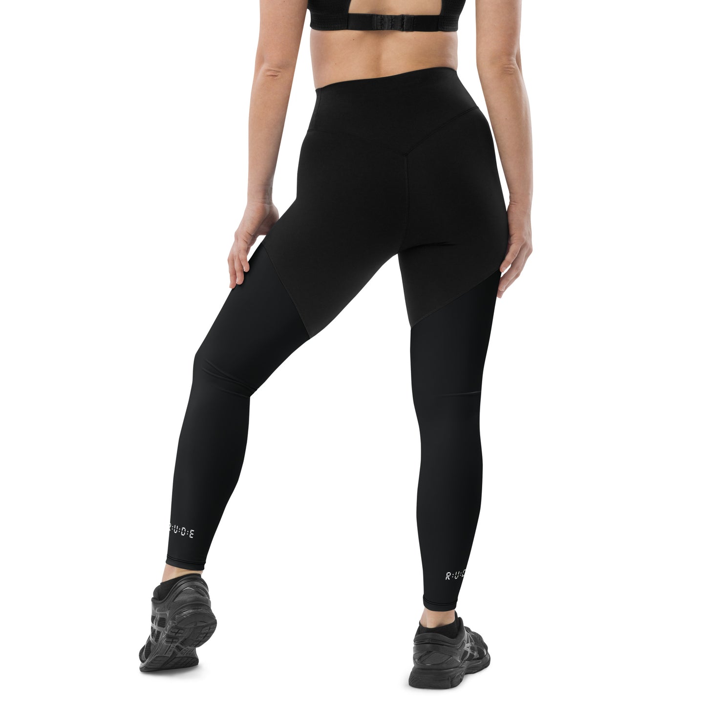 Sports Leggings in Black with with printed logo on ankles. None see through. Essential phone pocket (a perfect match with our Longline sports bra).