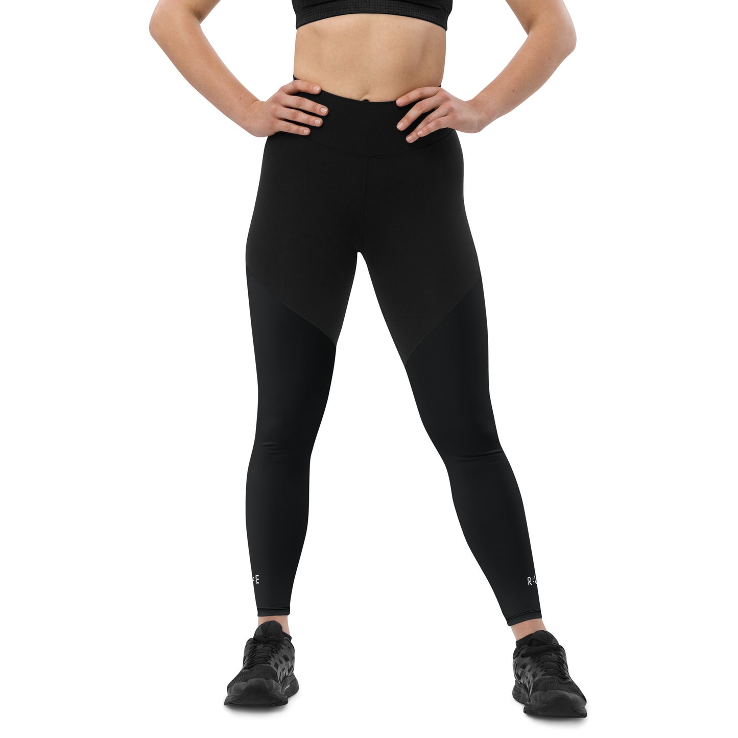 Sports Leggings in Black with with printed logo on ankles. None see through. Essential phone pocket (a perfect match with our Longline sports bra).