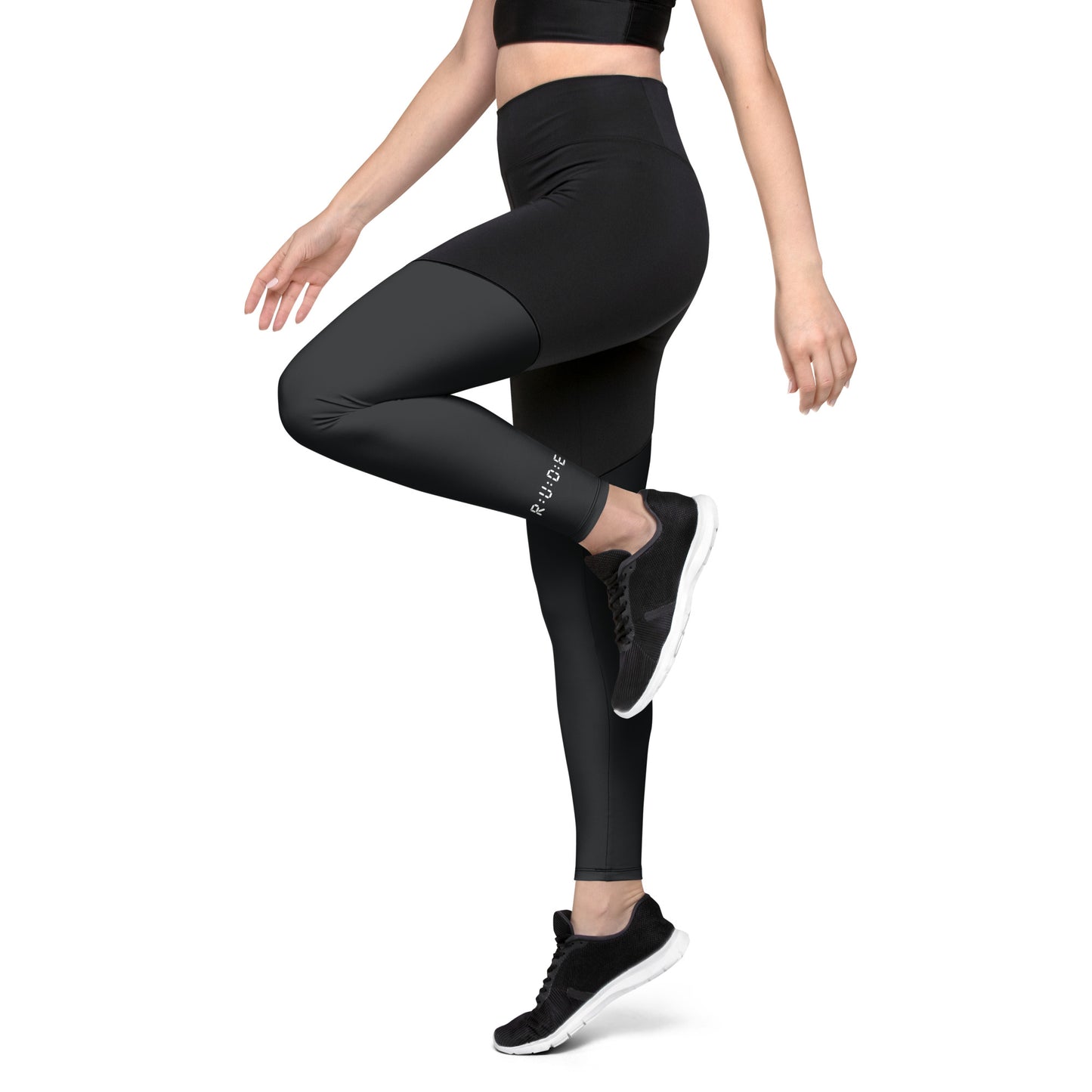 Sports Leggings in Black with with printed logo on ankles. None see through. Essential phone pocket (a perfect match with our Longline sports bra).