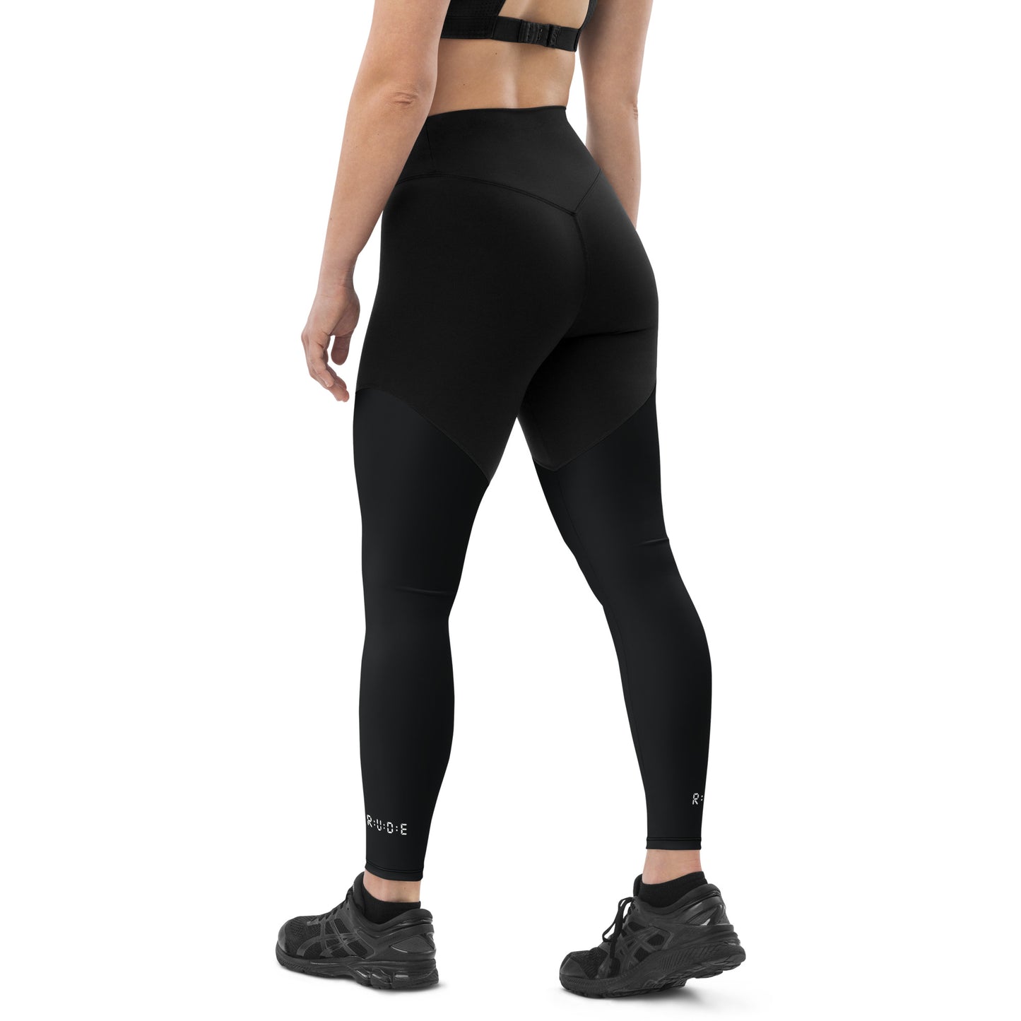 Sports Leggings in Black with with printed logo on ankles. None see through. Essential phone pocket (a perfect match with our Longline sports bra).