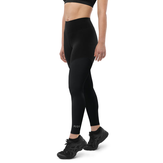 Sports Leggings in Black with with printed logo on ankles. None see through. Essential phone pocket (a perfect match with our Longline sports bra).
