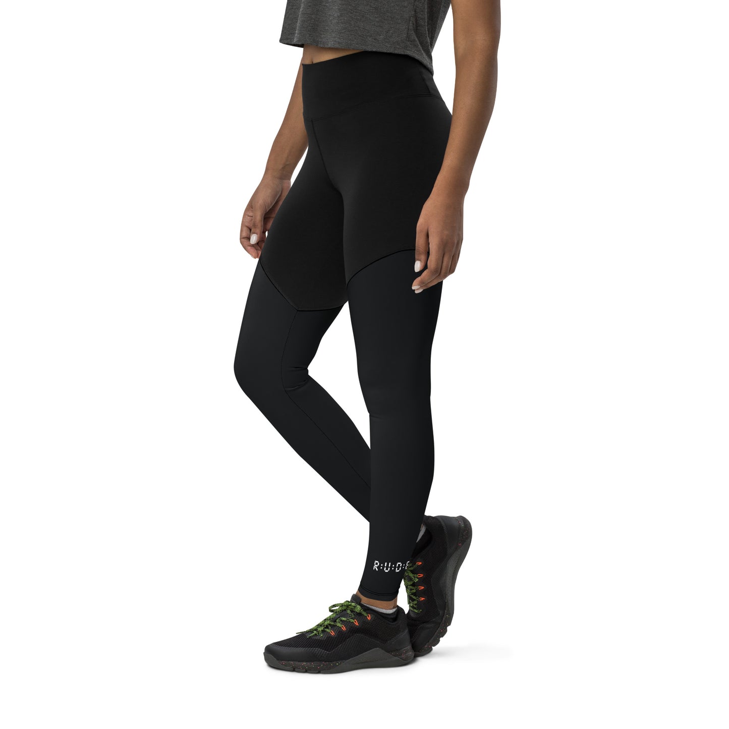 Sports Leggings in Black with with printed logo on ankles. None see through. Essential phone pocket (a perfect match with our Longline sports bra).