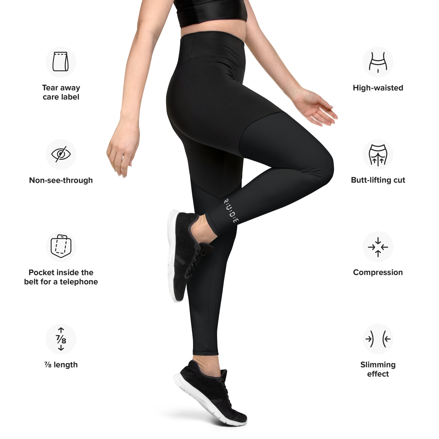 Sports Leggings in Black with with printed logo on ankles. None see through. Essential phone pocket (a perfect match with our Longline sports bra).