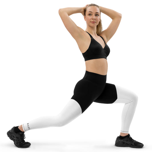 Sports Leggings in White/Black with printed logo on ankles. Essential phone pocket (a perfect match with our Longline sports bra).