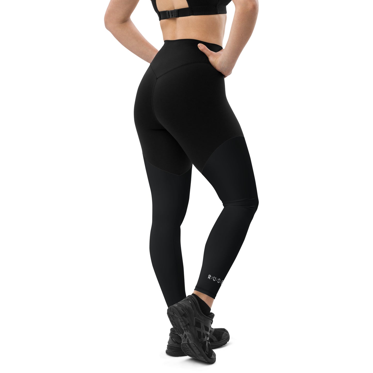 Sports Leggings in Black with with printed logo on ankles. None see through. Essential phone pocket (a perfect match with our Longline sports bra).