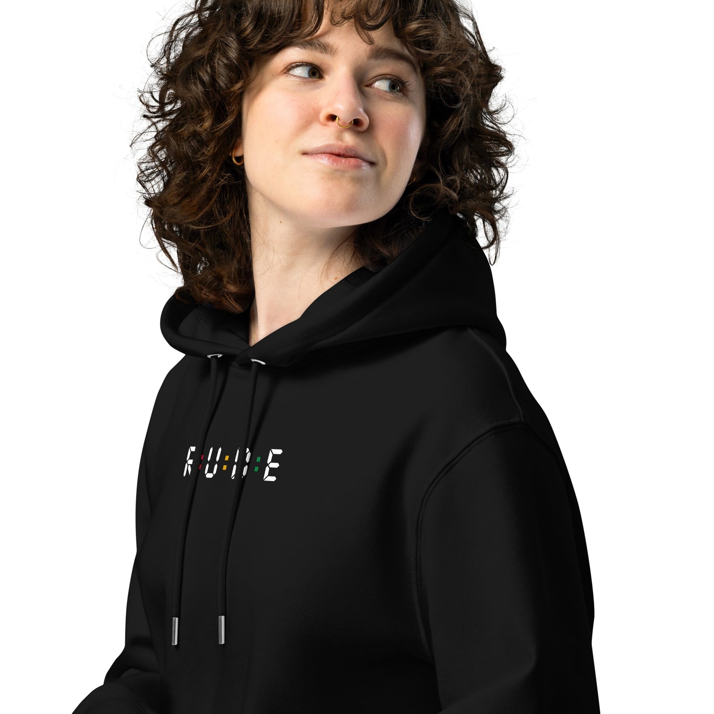350gsm luxury eco hoodie in Black (with PRINTED logo detailed with Red, Gold and Green to front and back, with Rude's meaning above pocket).