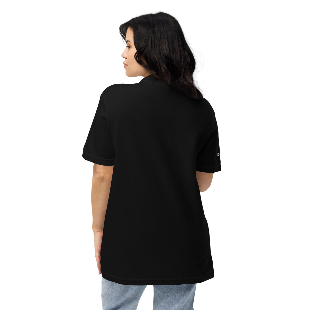 Back view of black unisex pique polo shirt