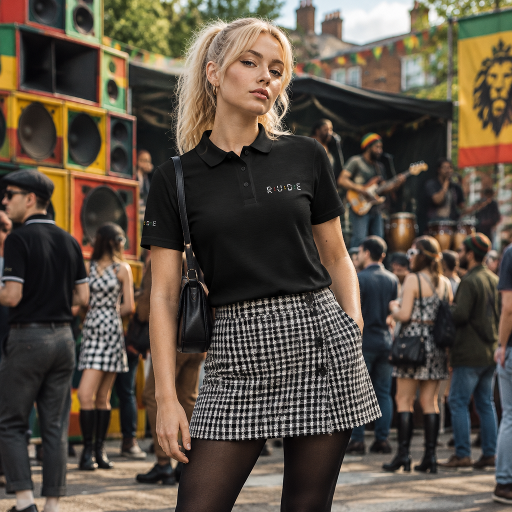 White blonde woman wearing a black Rude women’s pique polo shirt with a short skirt and black-and-white loafers at a street music festival